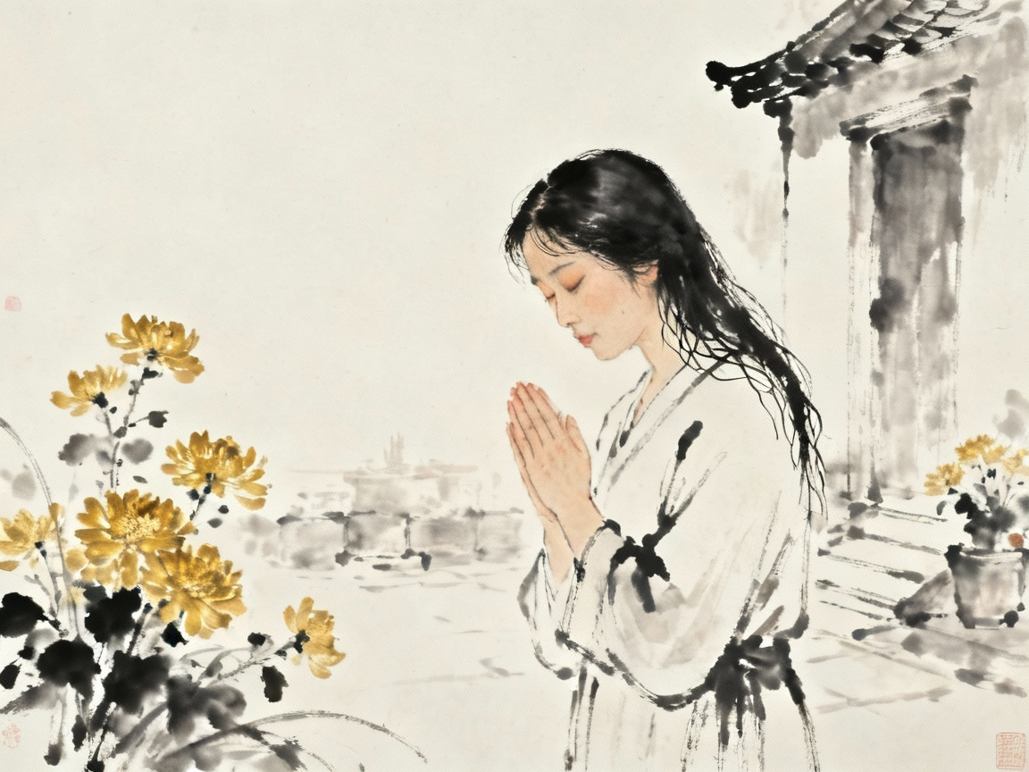 母亲在小庭院中祷告