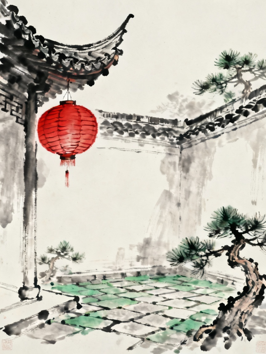 红色灯笼挂在古朴庭院中