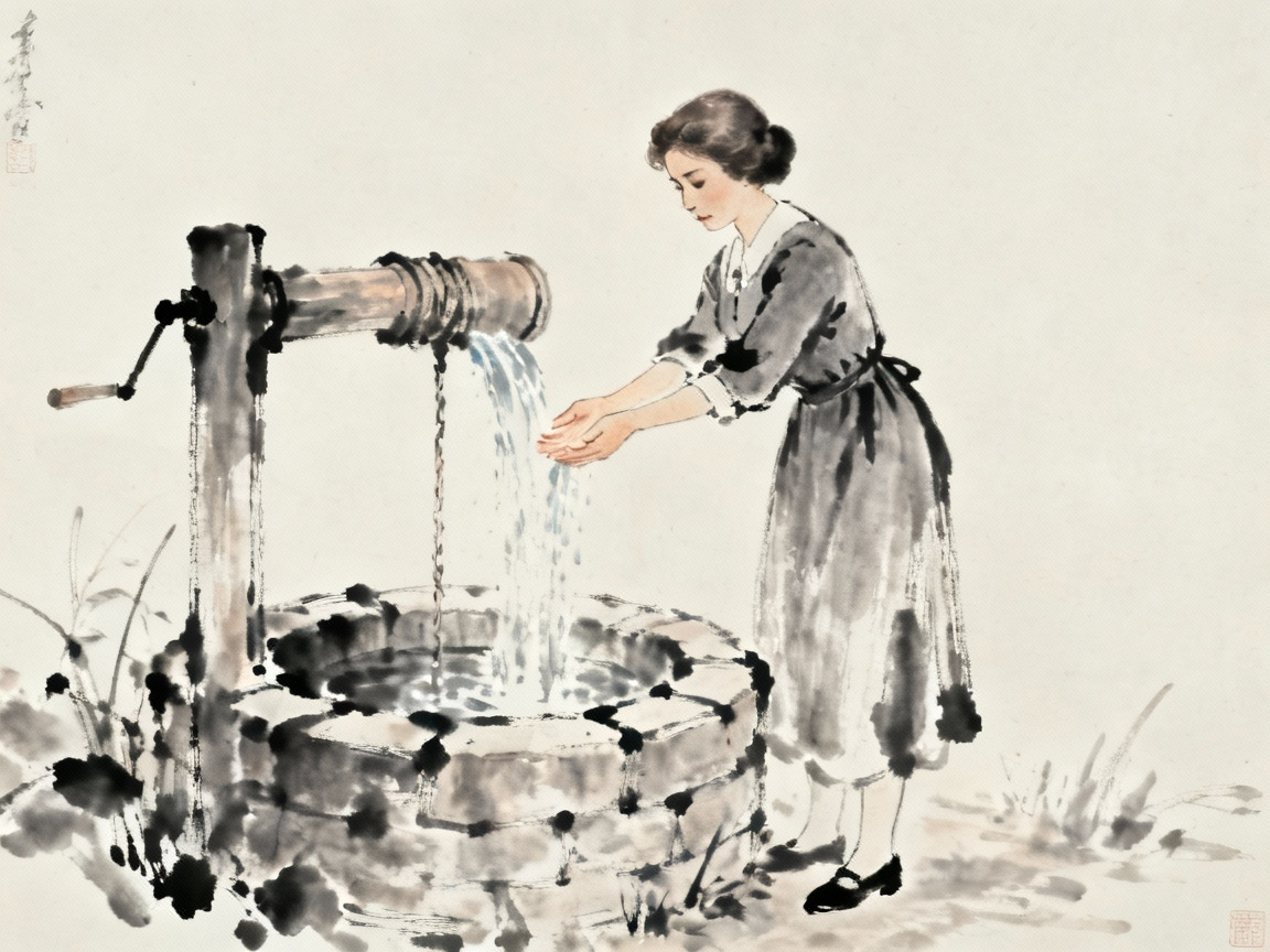 海伦凯勒站在井边，用手感受从井中流出的水，她站着不是坐着，表情专注而充满好奇