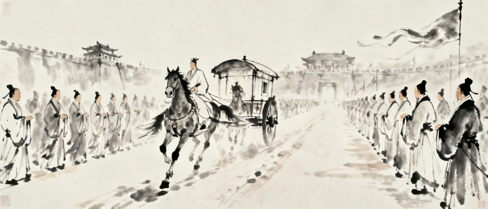 汉文帝车队驰入霸上棘门军营，将士迎送的场景