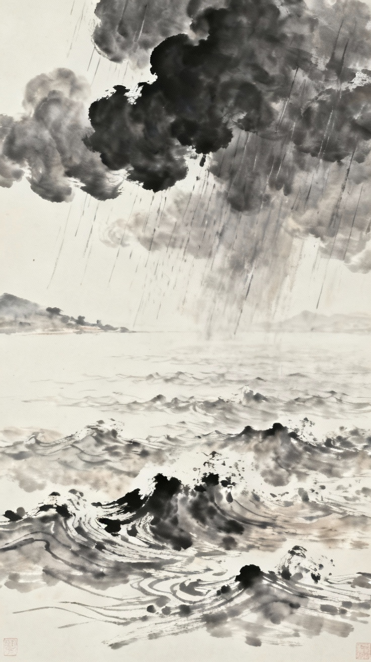 阴雨连绵的洞庭湖，乌云密布，浊浪排空，萧瑟凄凉的景象