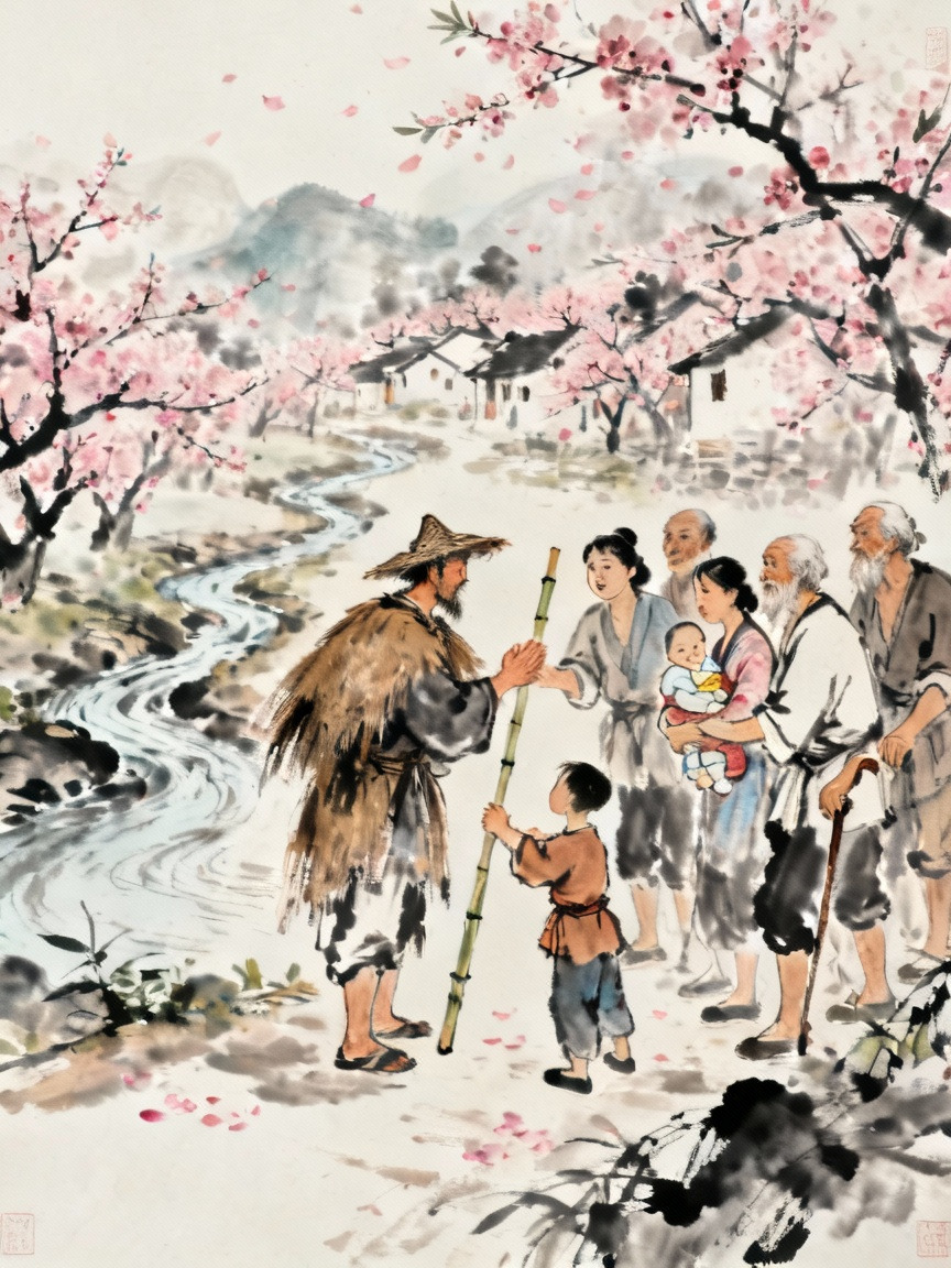 村民热情款待渔人的场景