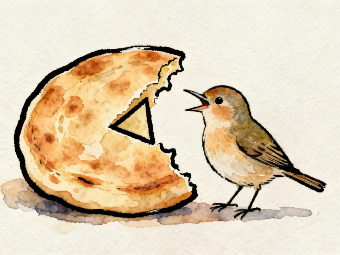 小鸟张开尖尖的嘴巴对比大饼上的三角形缺口