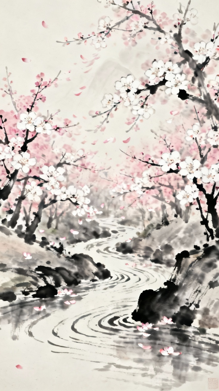 桃花林盛开，花瓣飞舞，溪水潺潺