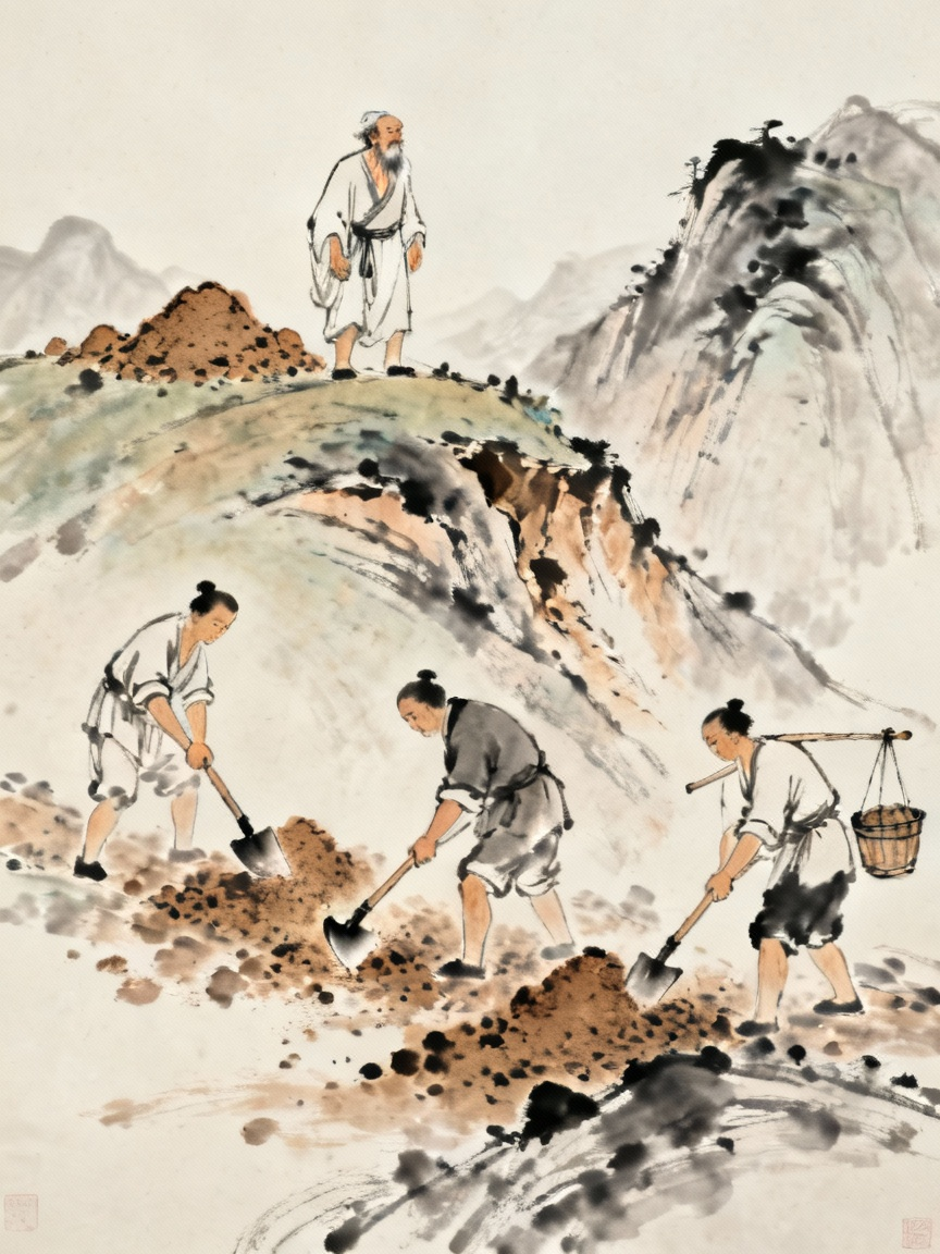 愚公率领子孙三人挖山运土的劳作场景