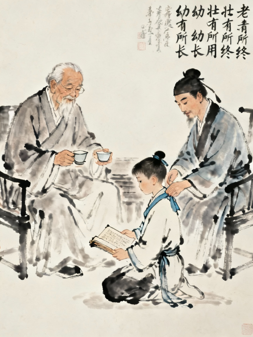 古装家庭温馨场景，老中青三代身穿古代服装围坐一堂，体现老有所终壮有所用幼有所长