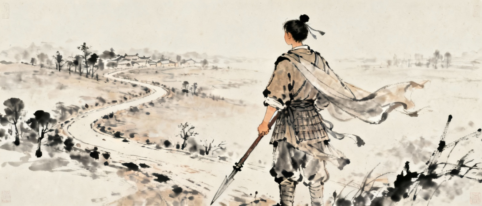 古代战场上年轻士兵告别家乡的场景