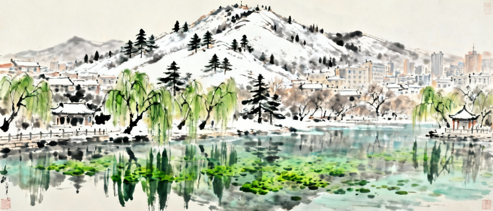 济南冬天水墨画风景