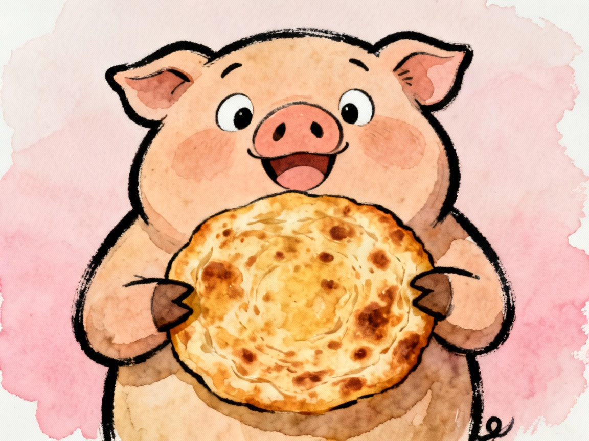 小猪拿着完整的金黄色大饼