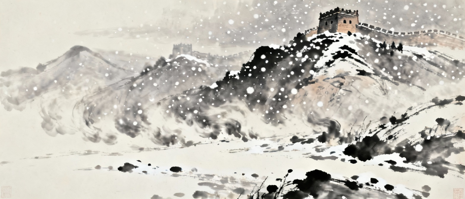 边塞雪夜，北风呼啸，雪花纷飞的壮阔景象