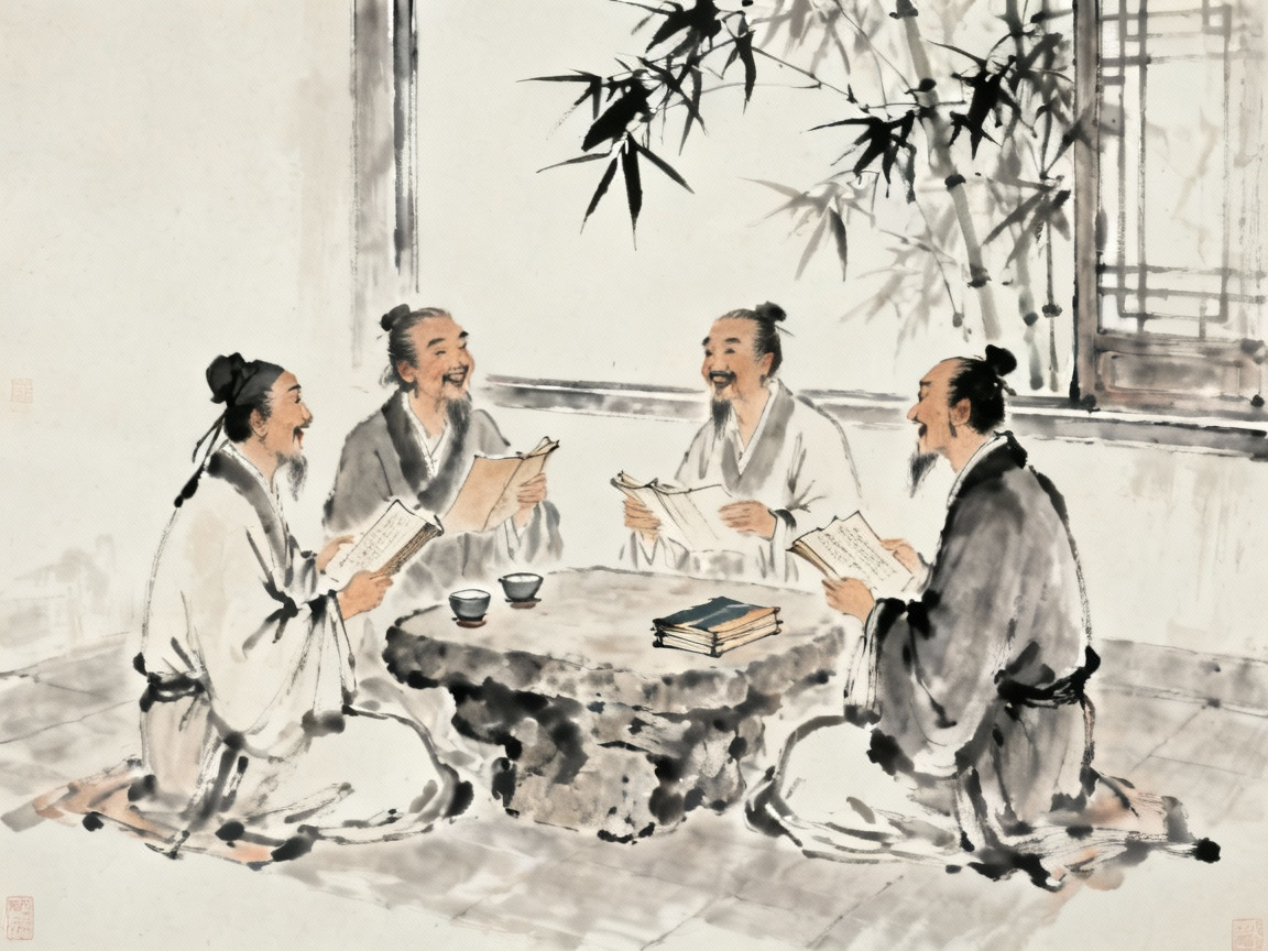 古代学者在室内谈笑风生，博学之士聚会讨论