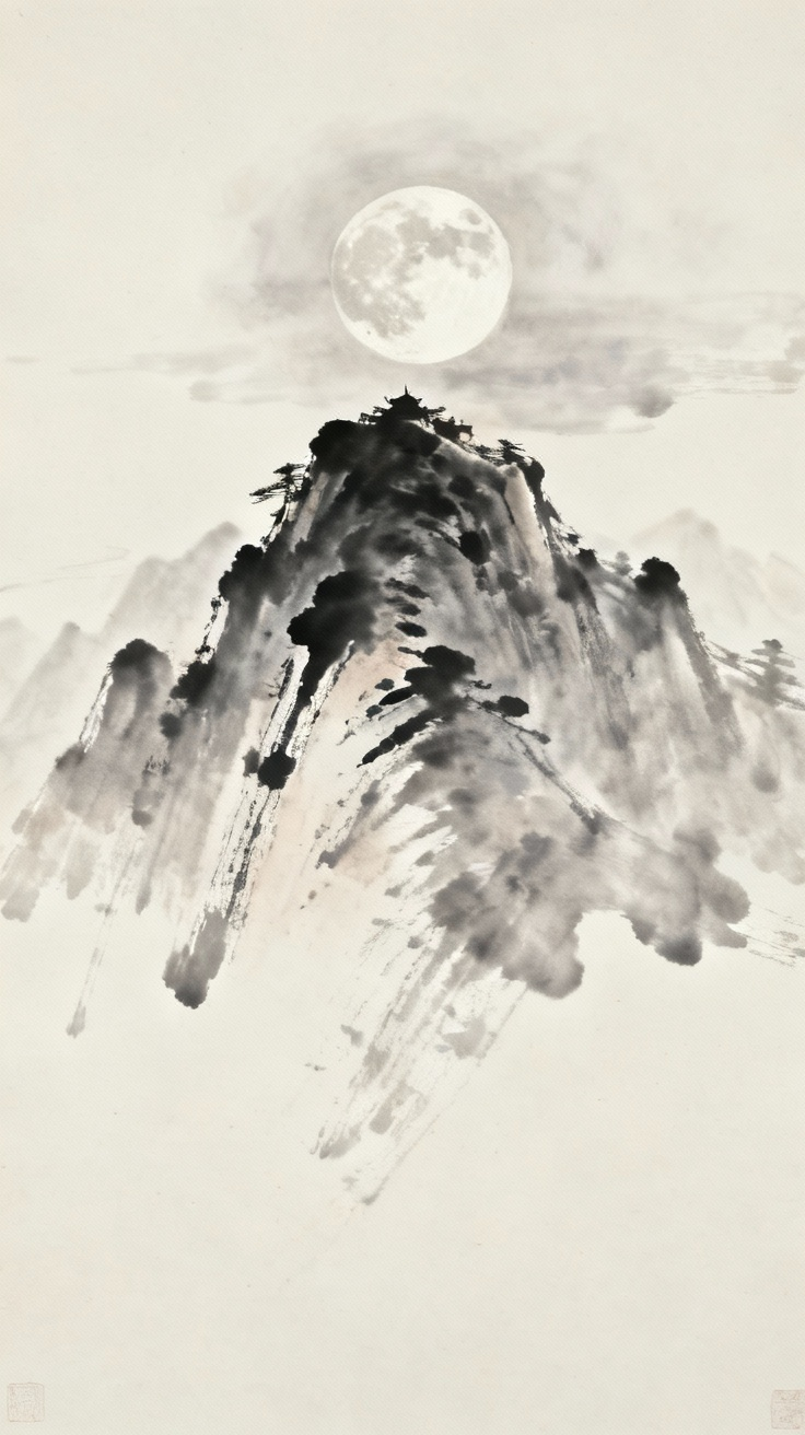 峨眉山巅悬挂着半轮秋月，月色朦胧