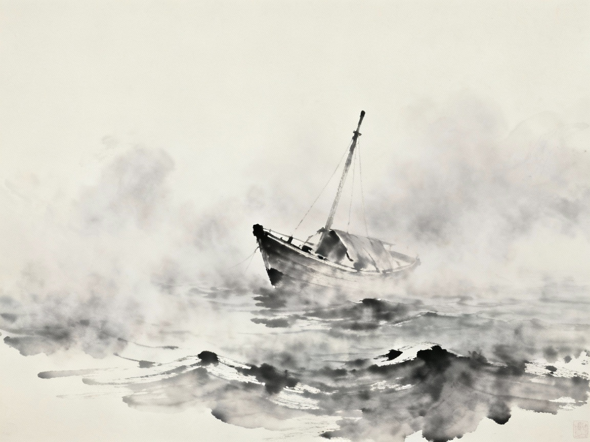 茫茫大雾中航行的小船