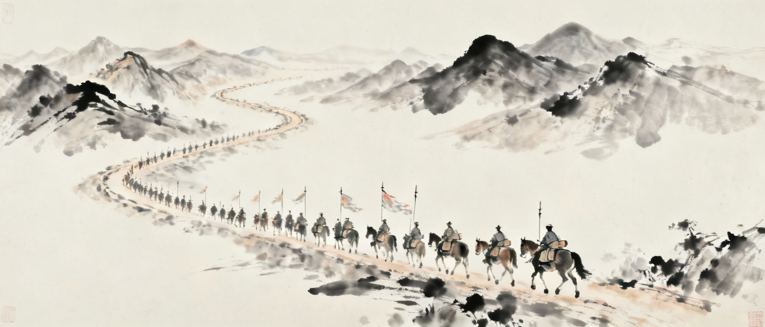 山峦连绵，征途遥远