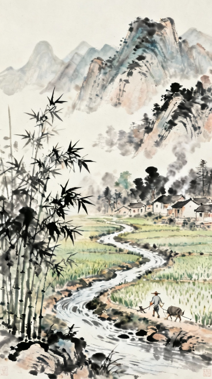 古代渔人沿溪捕鱼的山水田园风光