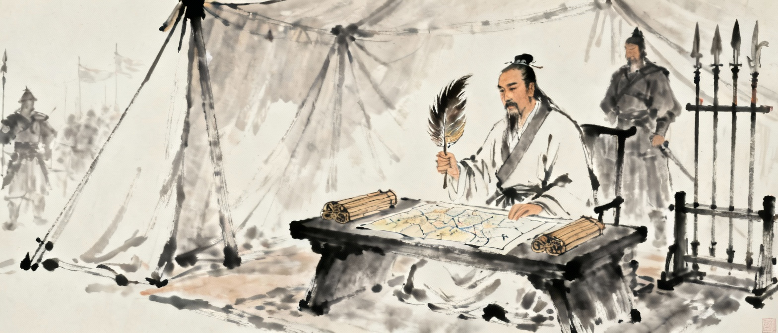 诸葛亮在军营中运筹帷幄，中国传统水墨画风格，古代军事帐篷内景