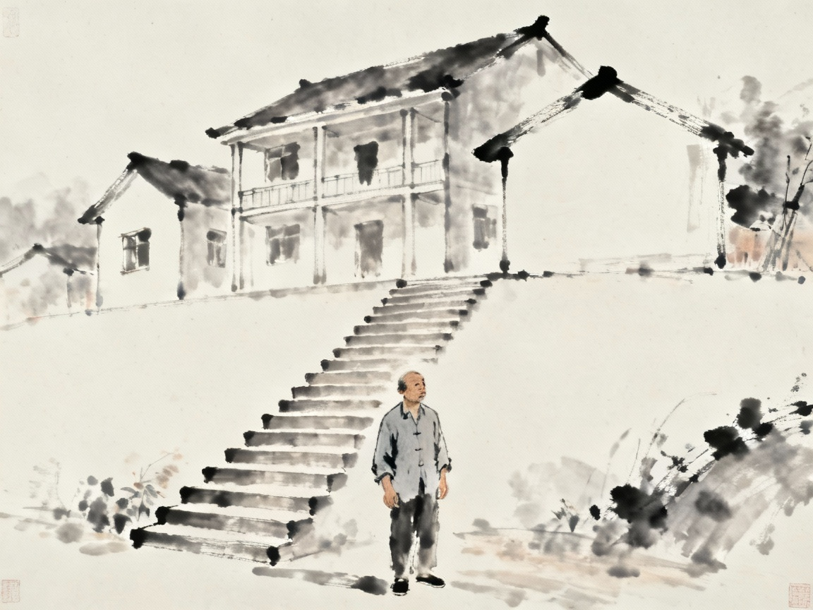 父亲站在新台阶前