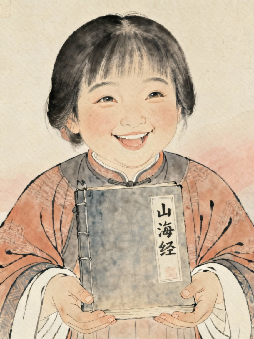 阿长手捧《山海经》的特写画面