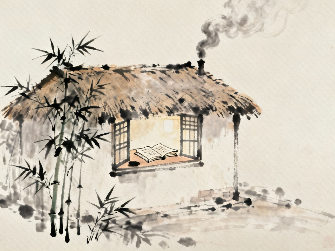简陋朴素的小屋，茅草房舍，但散发着书香气息
