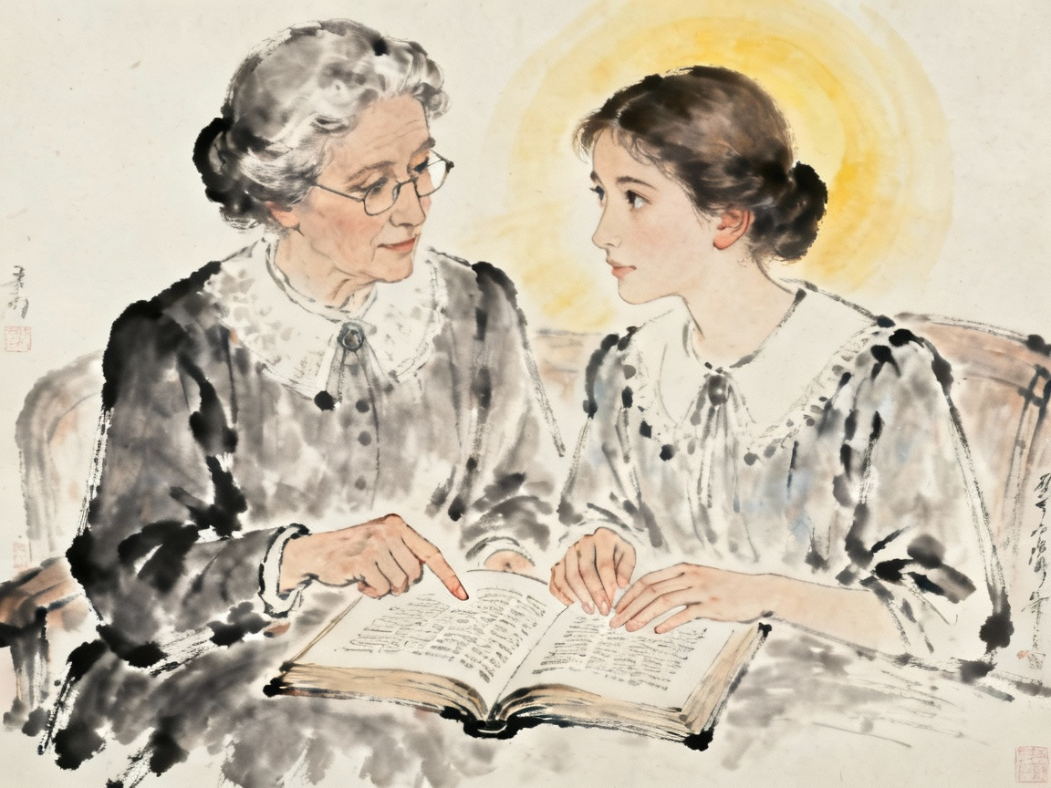 海伦凯勒和沙利文老师在一起的温馨场景，两人互动交流，老师正在教导海伦