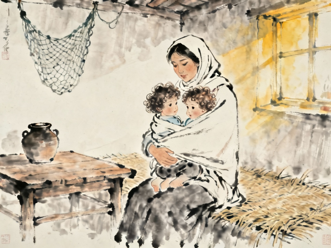 桑娜用头巾包裹住两个卷发小孩抱回家