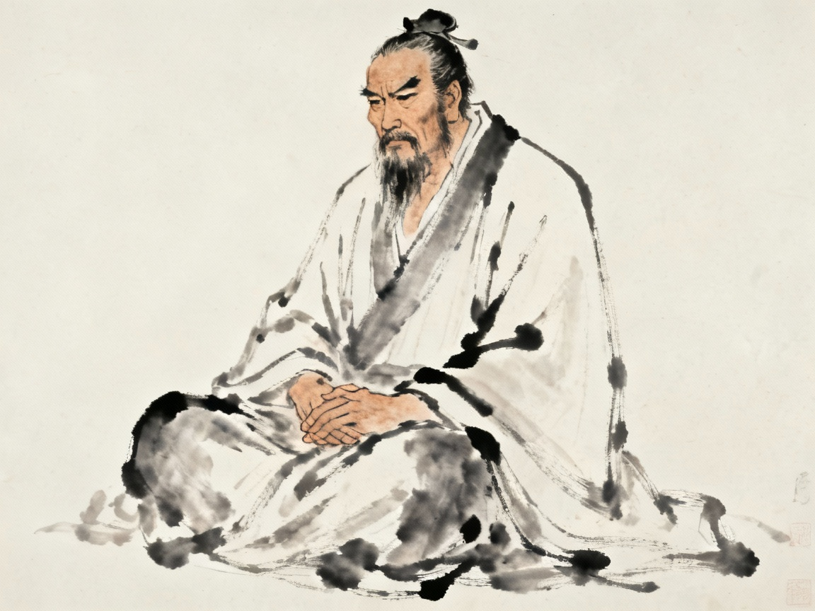 古代哲人孟子端坐思考，面容威严正直