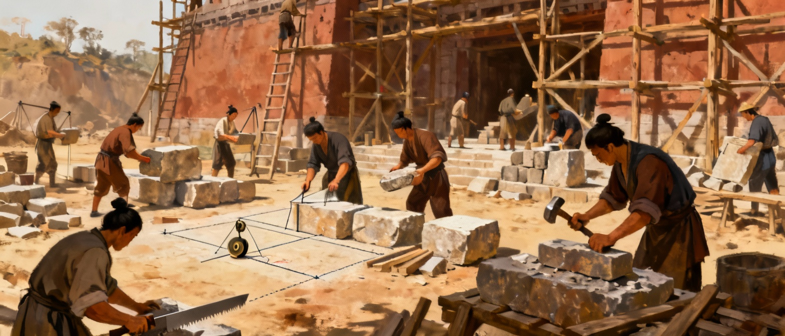 古代建筑工匠施工场景