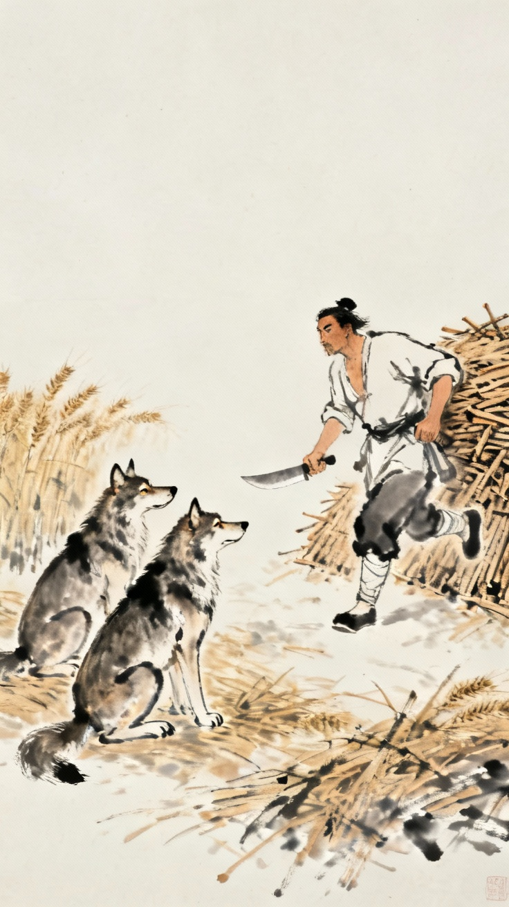 屠户奔倚麦场积薪持刀，狼眈眈相向