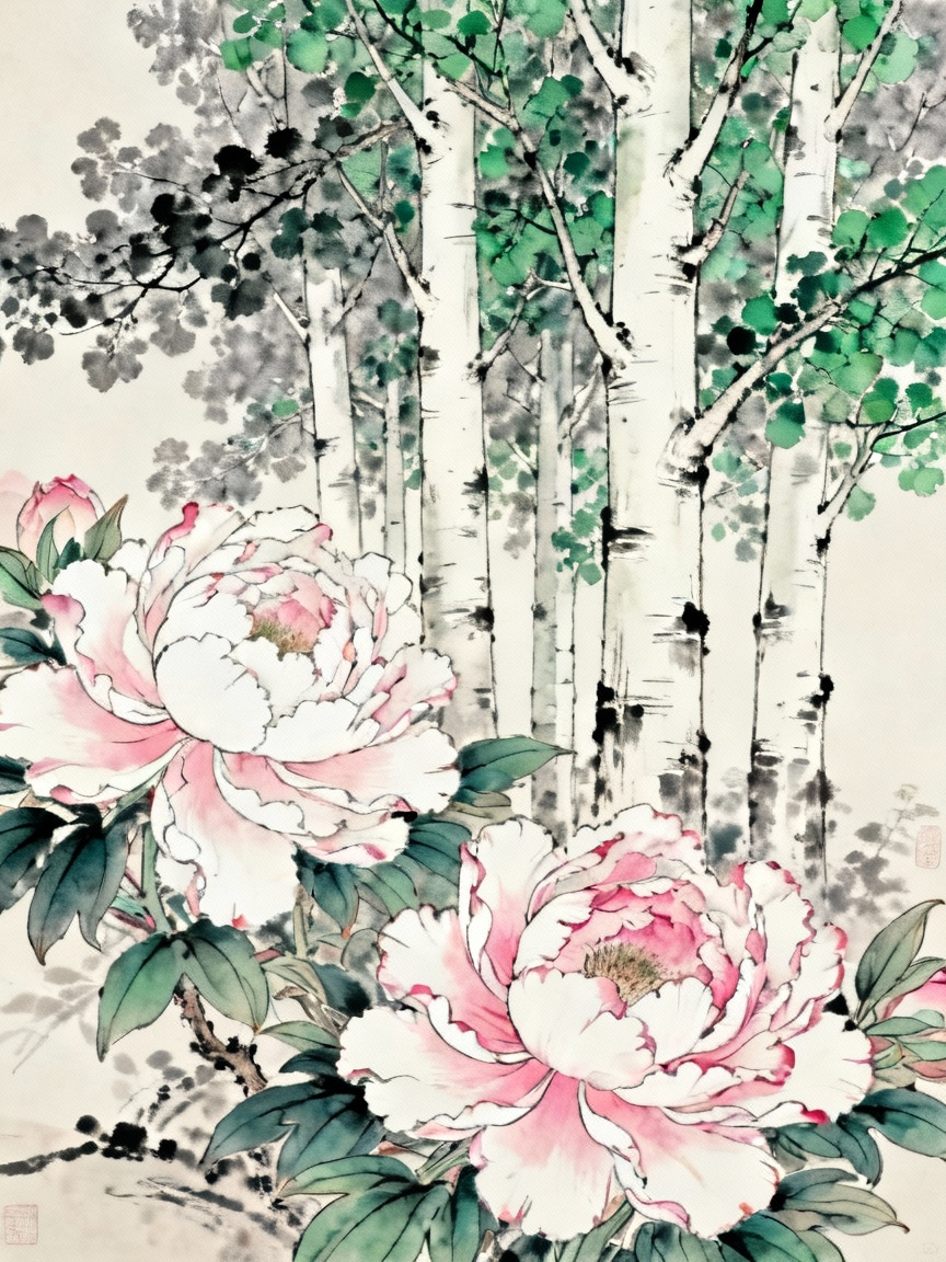 欲扬先抑手法表现图，前景是柔美的花卉代表好女子的柔美，后景是挺拔的白杨树代表伟丈夫的阳刚，体现从柔美到阳刚的情感转折对比