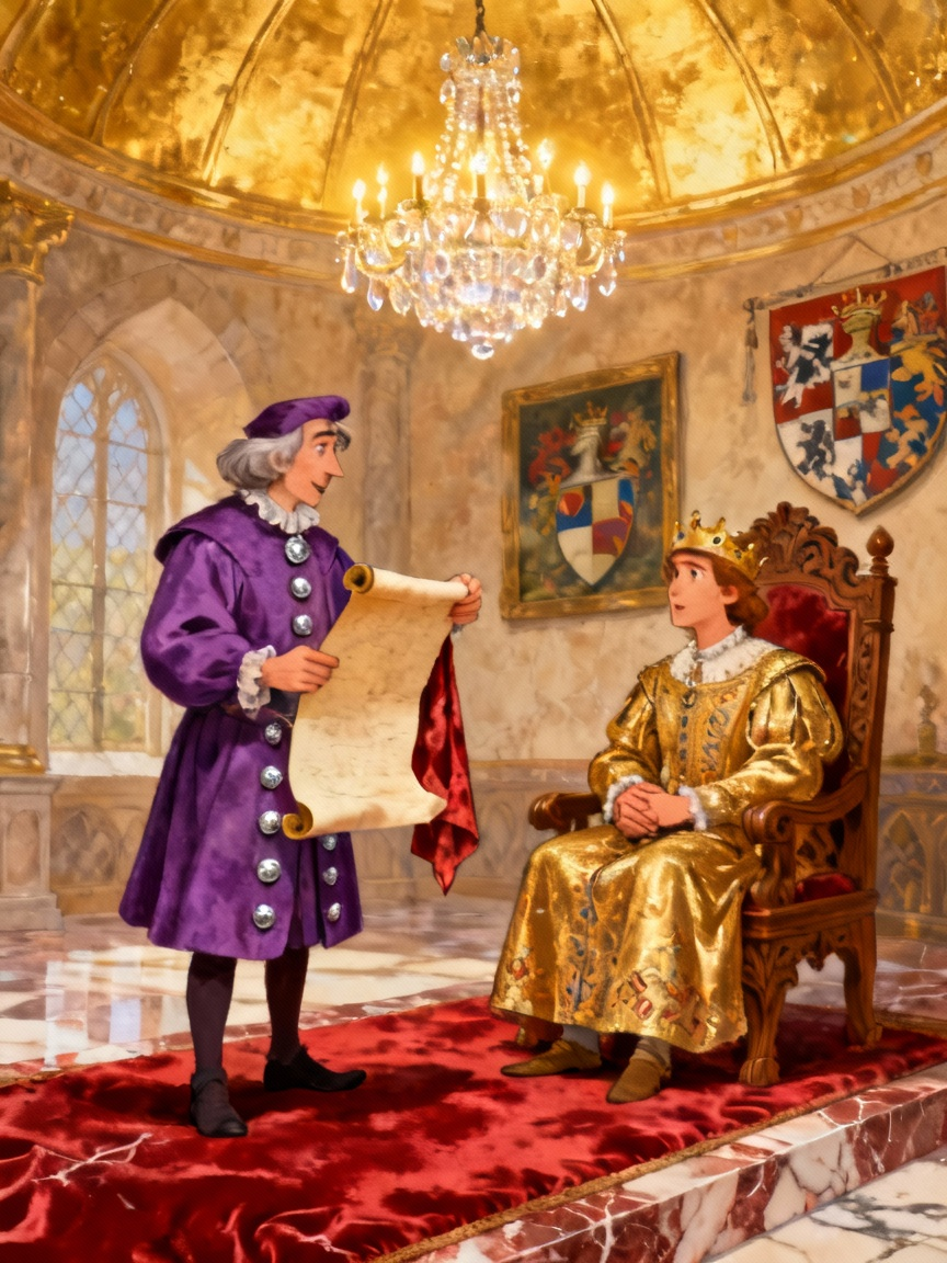 骗子和国王在宫殿内对话的场景