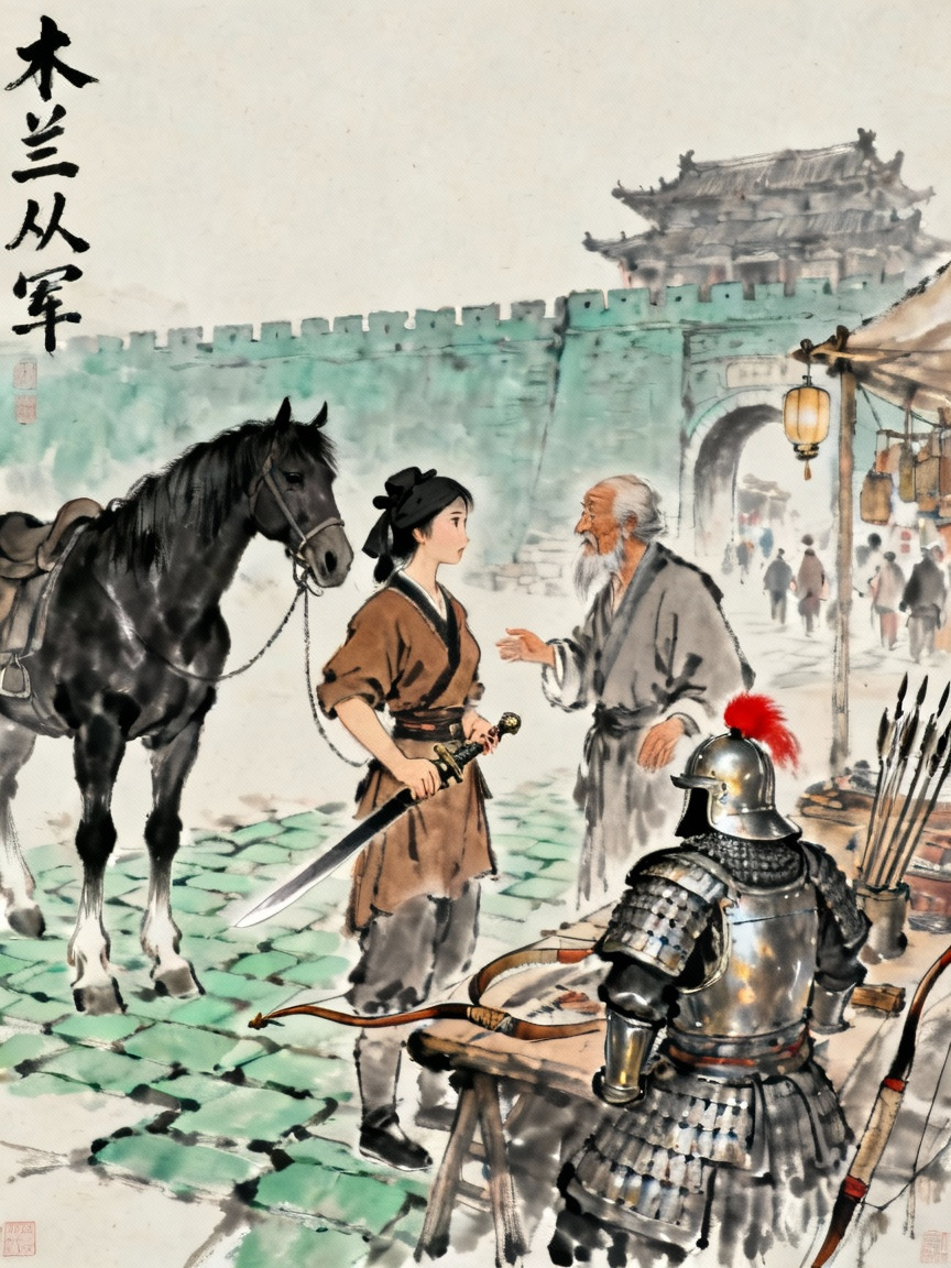木兰女扮男装准备从军，购买马匹和军备的场景
