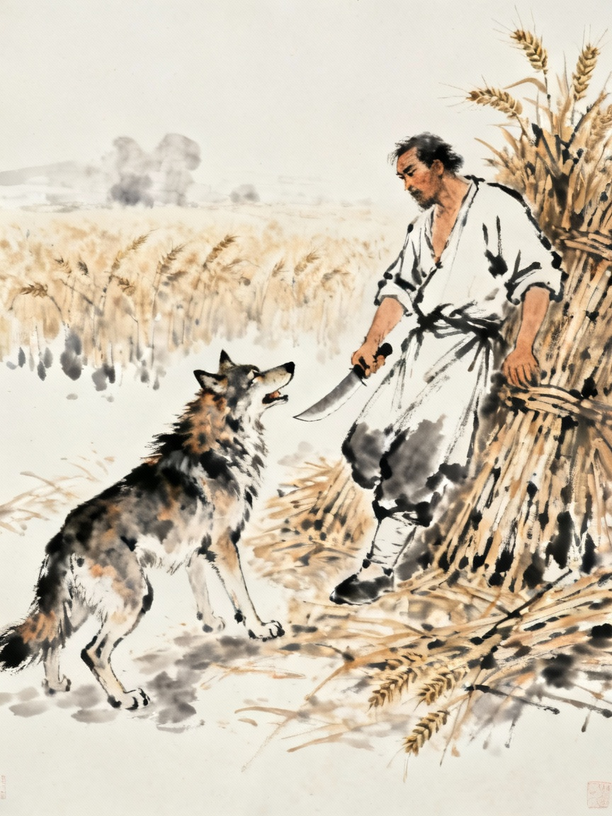 屠户在麦场旁倚靠柴草堆，手持屠刀与狼对峙