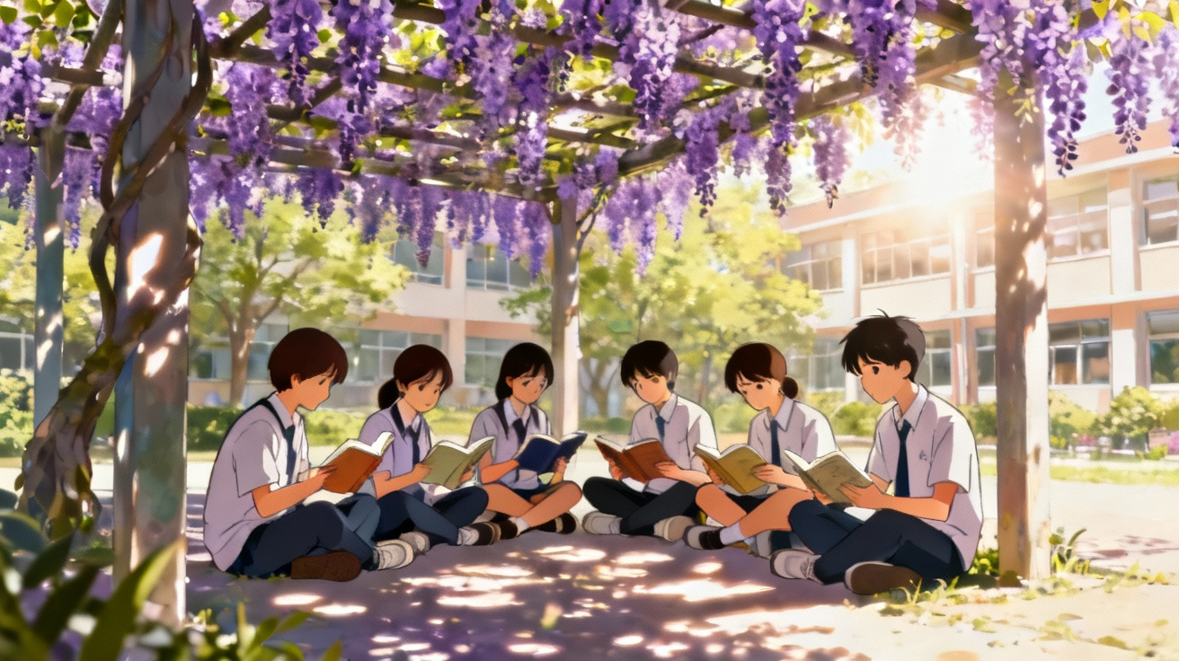 春天校园紫藤萝架下学生朗读