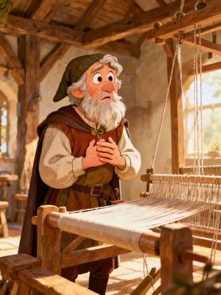 老大臣睁大眼睛看着空织布机，表情困惑又假装欣赏