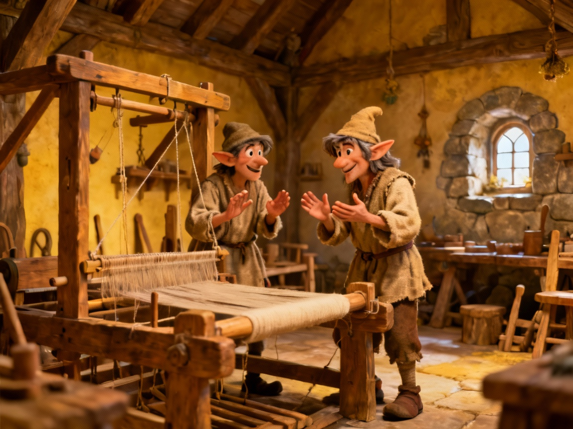 两个骗子在空织布机前假装织布