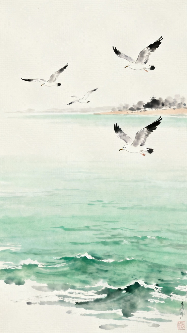 春和景明的洞庭湖，波澜不惊，一碧万顷，沙鸥翔集，明媚景象