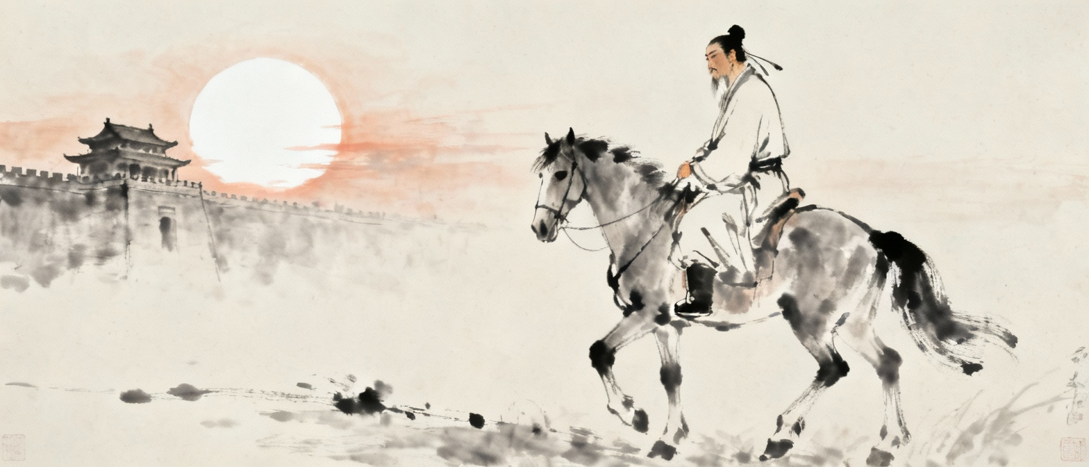 浩荡离愁白日斜，古代文人骑马离京的场景，夕阳西下