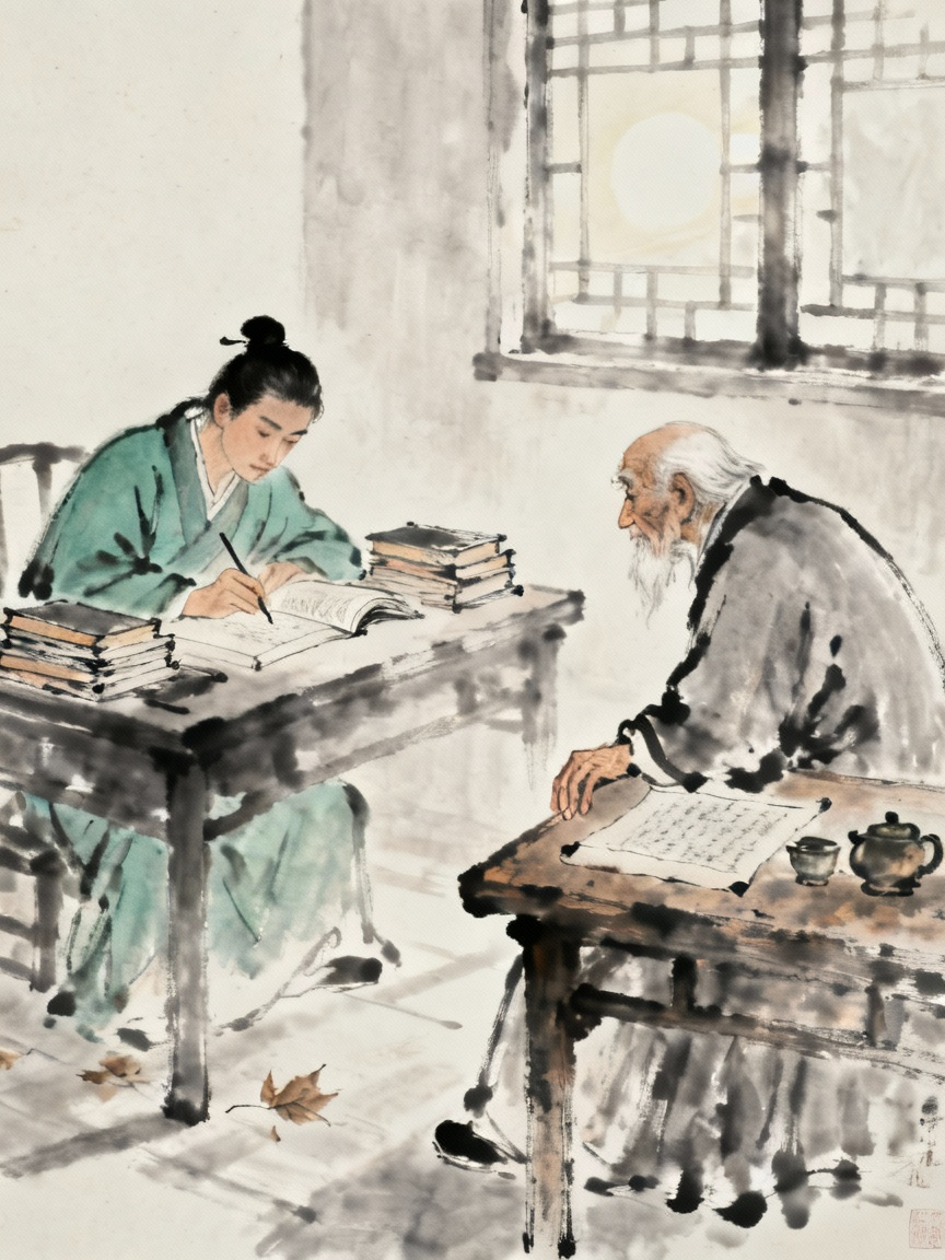 古代学者时光荏苒年华老去的对比场景