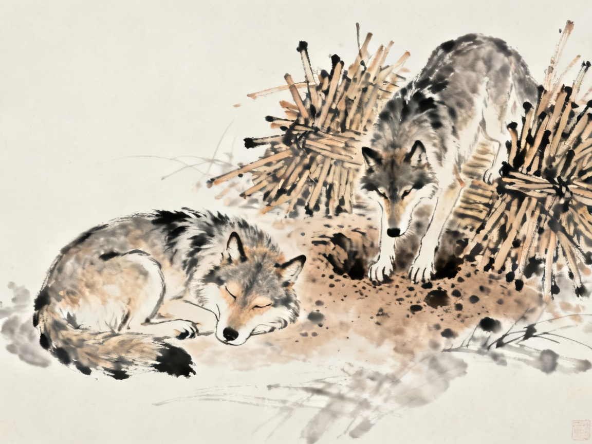 一只狼假装睡觉，另一只狼在柴草堆后挖洞