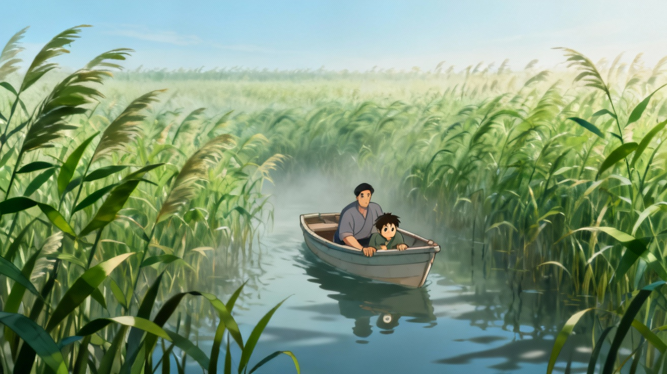 父子俩进入芦苇荡