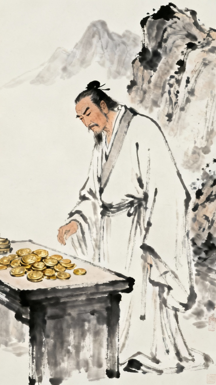 古代贤者面对金银财宝露出不屑神情保持高洁品格