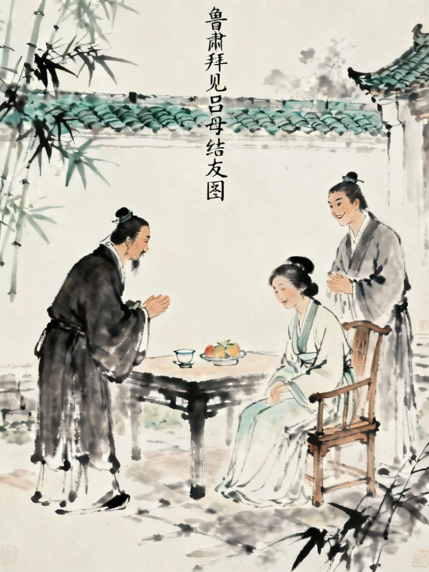 鲁肃拜见吕蒙母亲结为朋友的场景