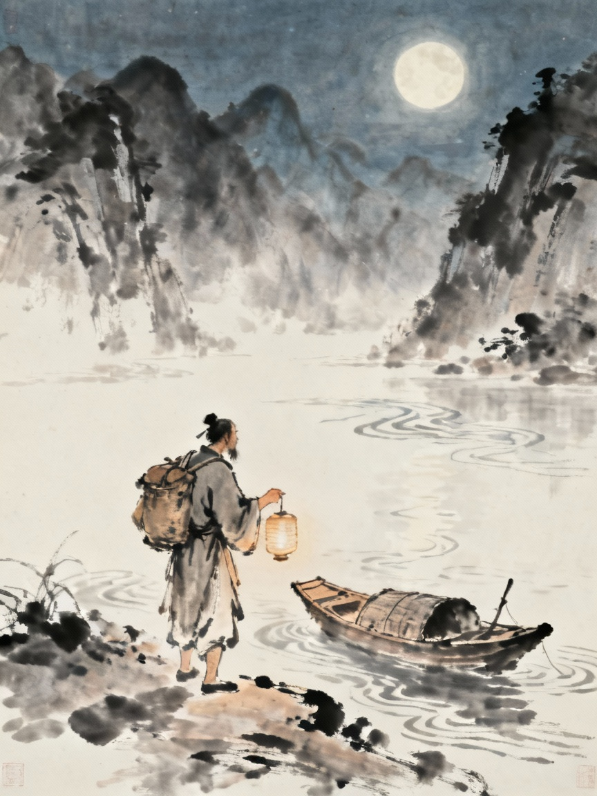 夜色中从清溪出发的古代旅人，准备前往三峡