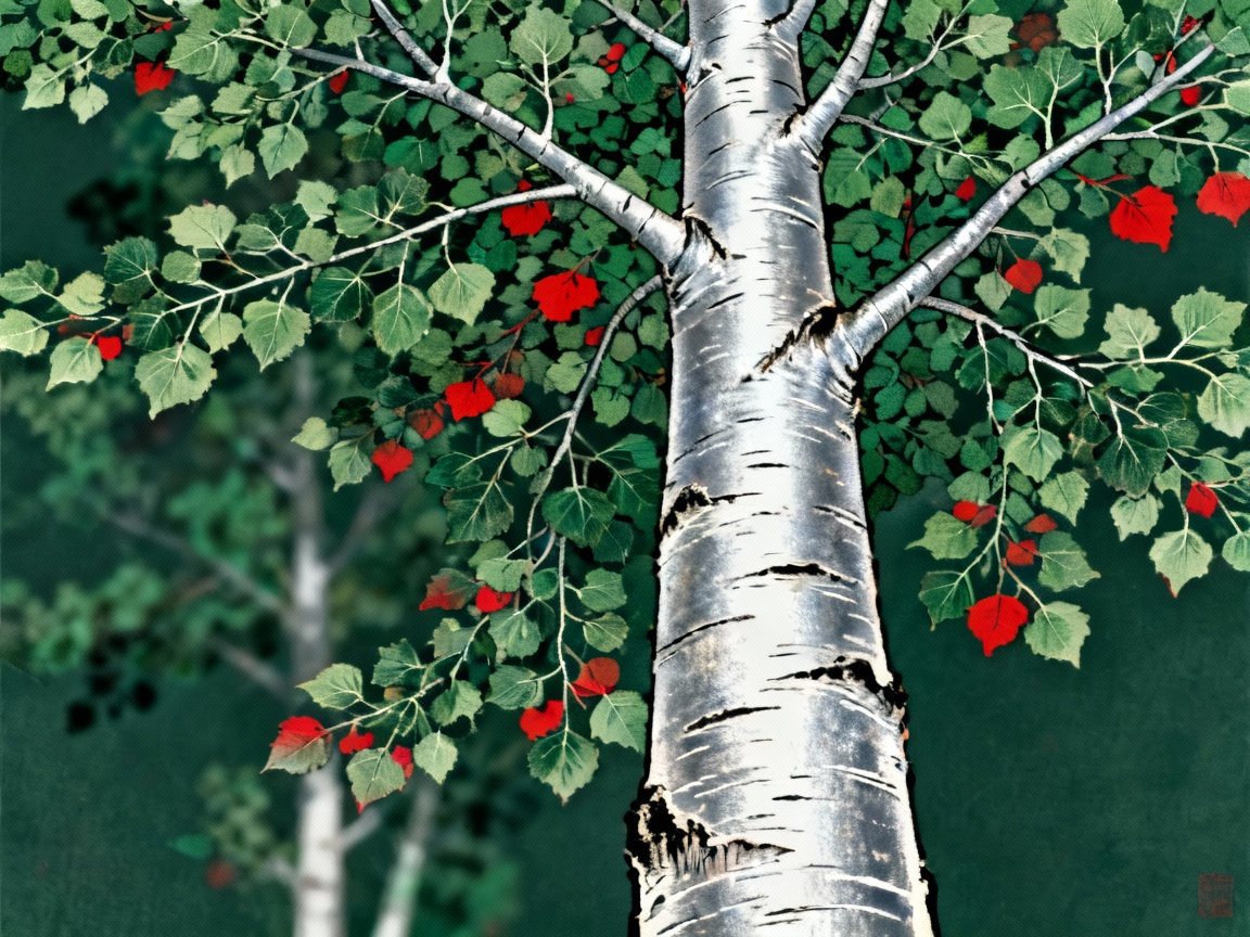 白杨树特写，笔直挺拔的树干，向上生长的枝叶，银色树皮，体现力争上游的精神