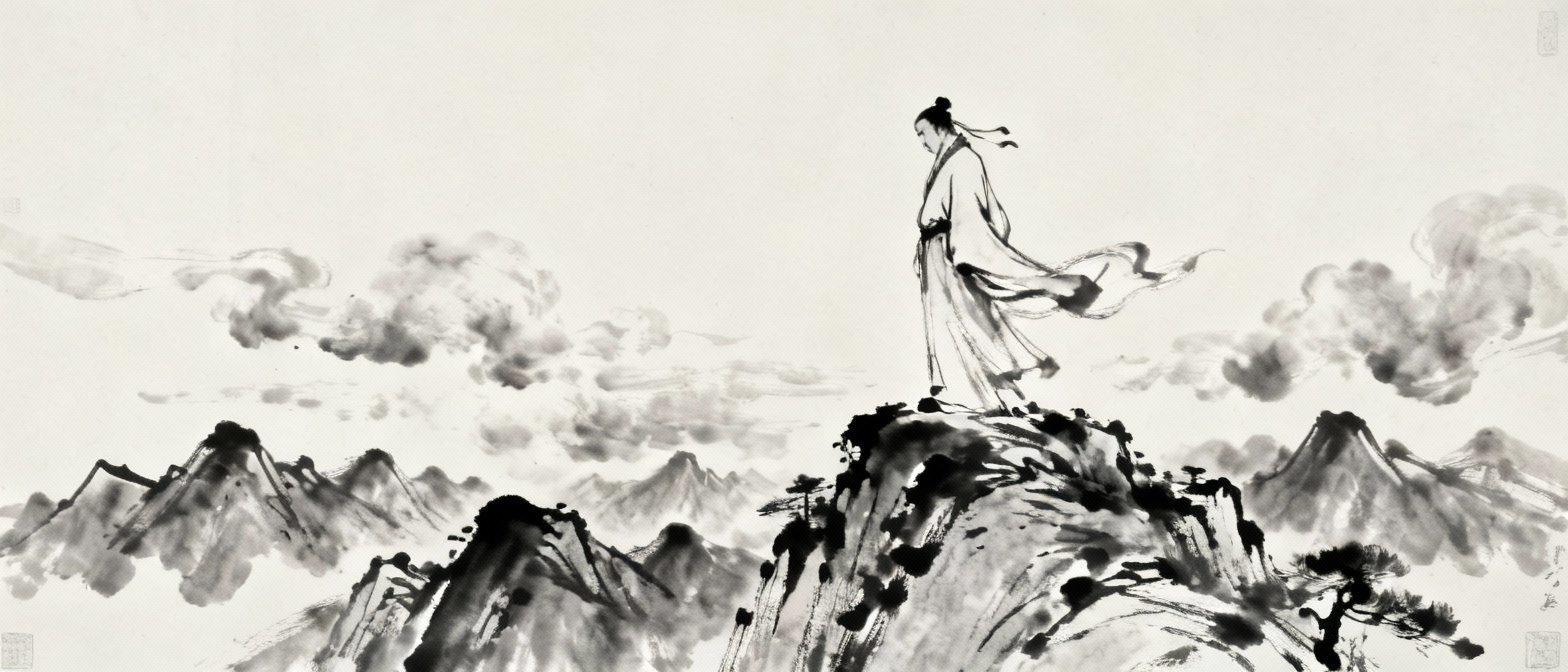 诗人登上泰山绝顶俯瞰众山的壮阔场面，水墨画风格，一览众山小的气势