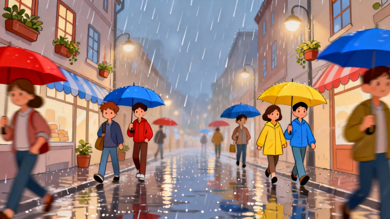 下雨时人们在走路