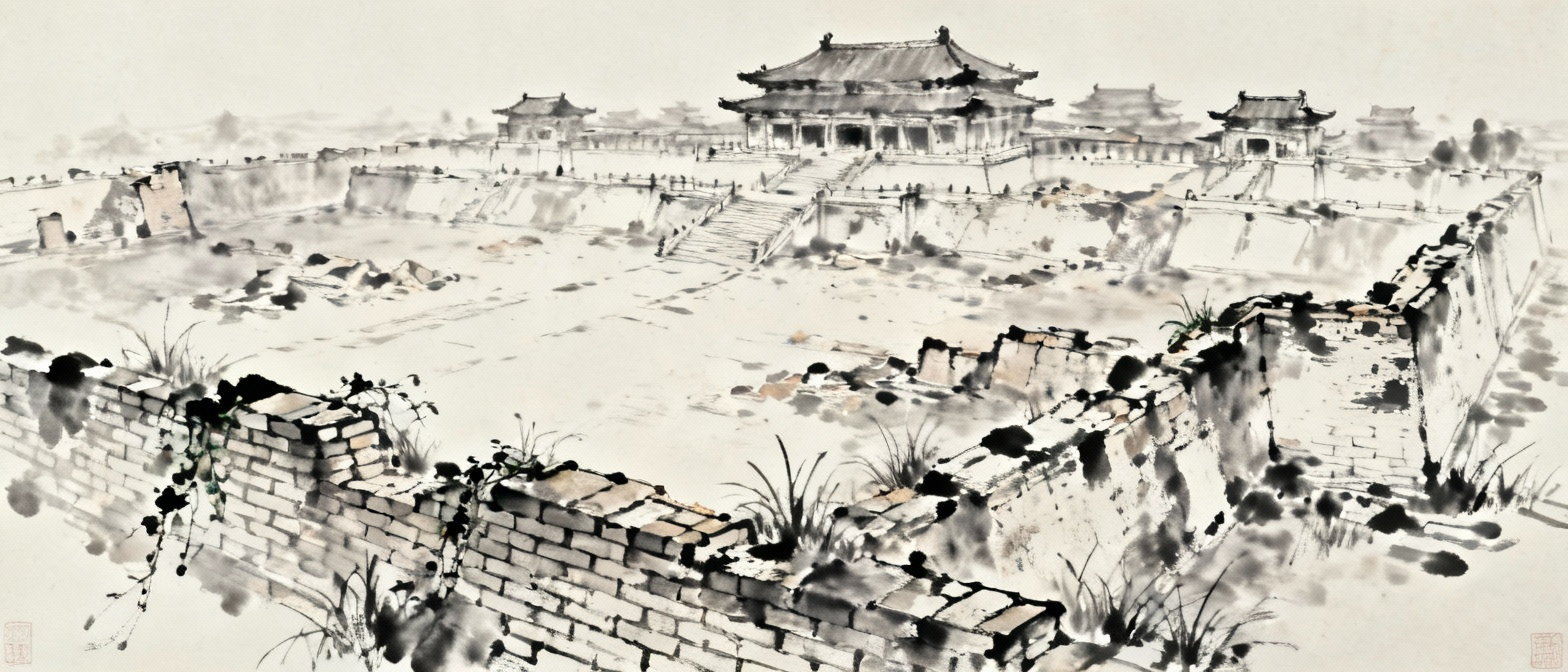 秦汉宫殿废墟，断壁残垣，历史沧桑感