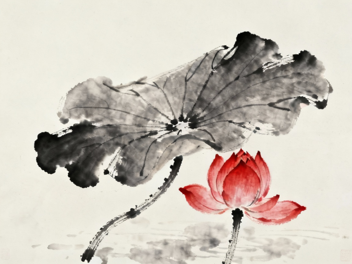 荷叶倾侧身子保护红莲的细节场景