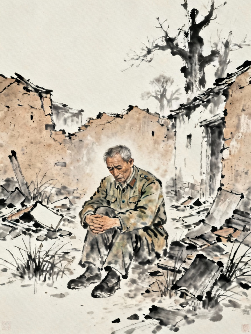 老兵独自在破败家园中的悲伤场景