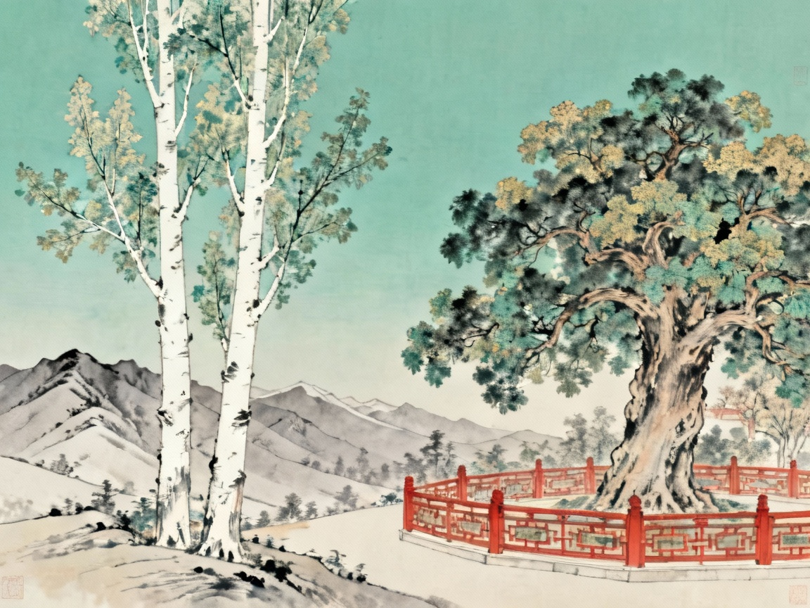 白杨树与楠木对比场景，左边高原上的白杨树，右边园林中的楠木，突出不同气质